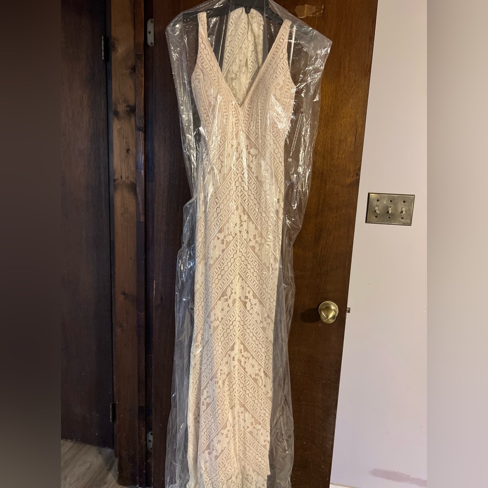 Off white lace with nude liner; formal/prom/wedding dress